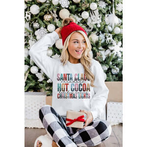 White SANTA CLAUS HOT COCOA CHRISTMAS LIGHTS Graphic Sweatshirt